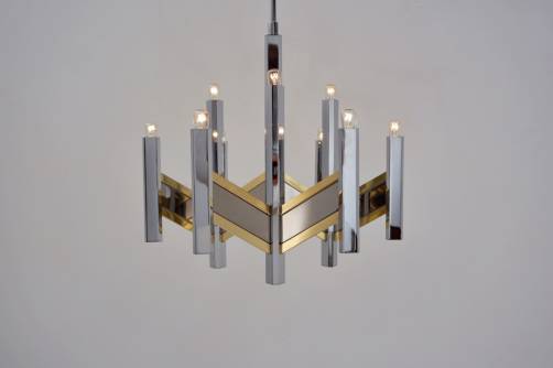 Sciolari chandelier `Chevron` 9 lights brass & chrome, 1970`s ca, Italian